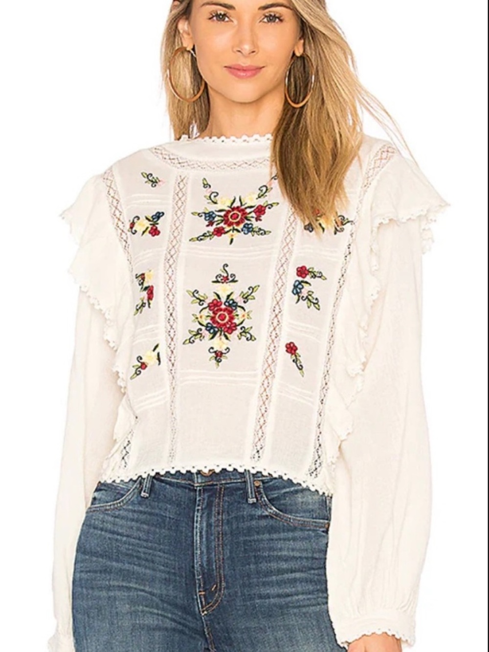 Free People Amy White Embroidered Ruffle Peasant Top